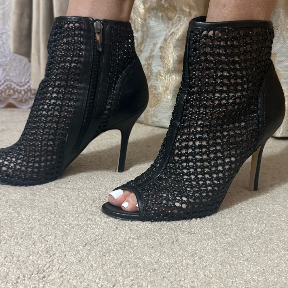 Sam Edelman Black Mesh Peep-Toe Heeled Boots